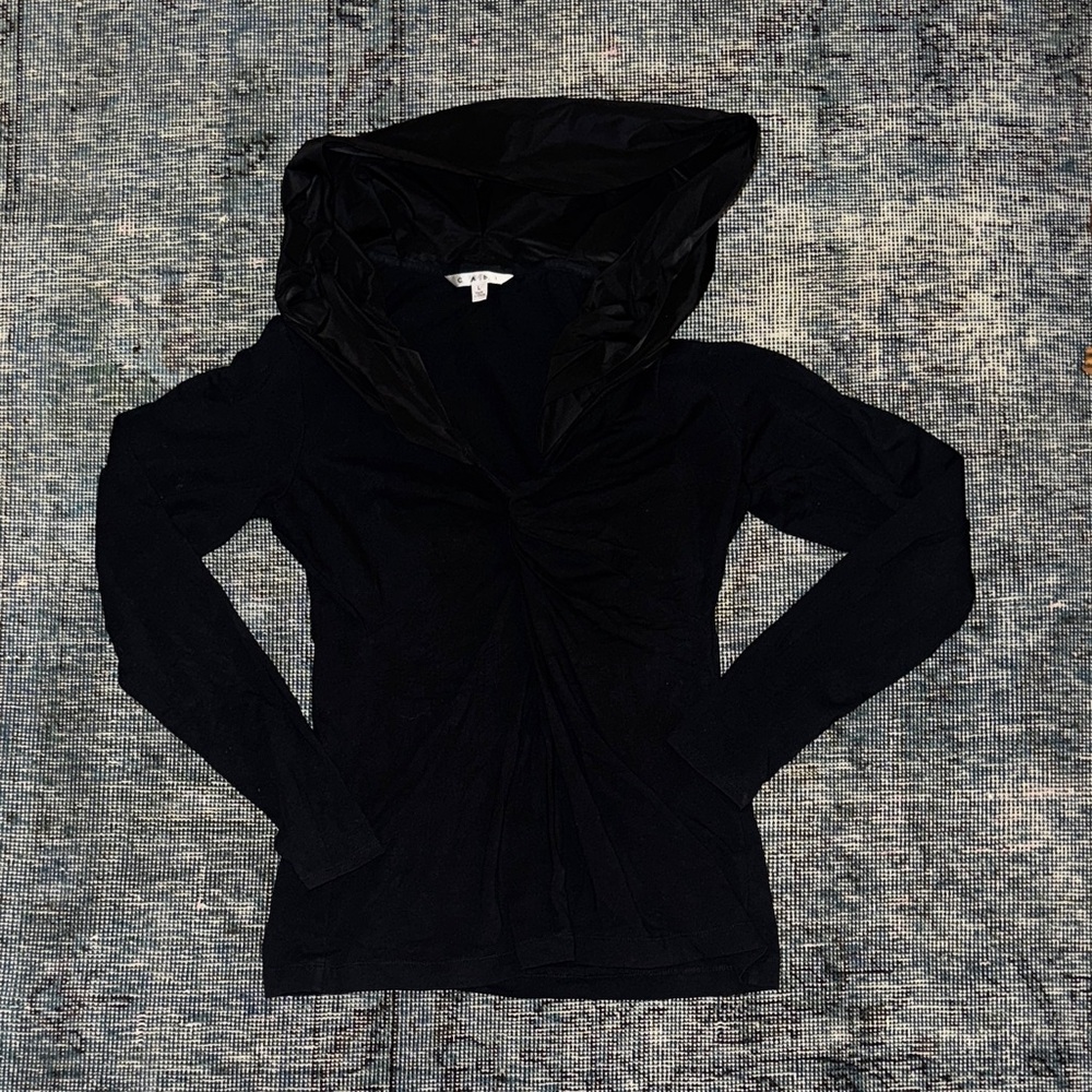 CAbi Black Hooded Long Sleeve Top With Twist Front Bust